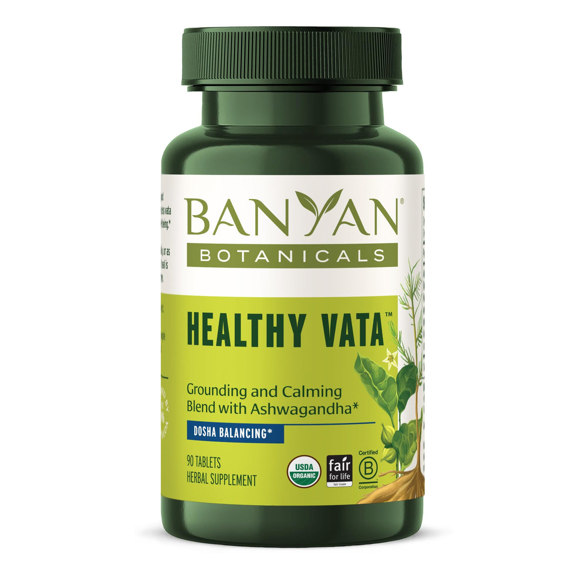 Banyan Botanicals Healthy Vata bottle showing a balanced herbal blend for calm days