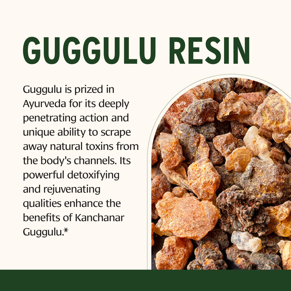 Kanchanar Guggulu resin image emphasizing guggulu content and detox potential