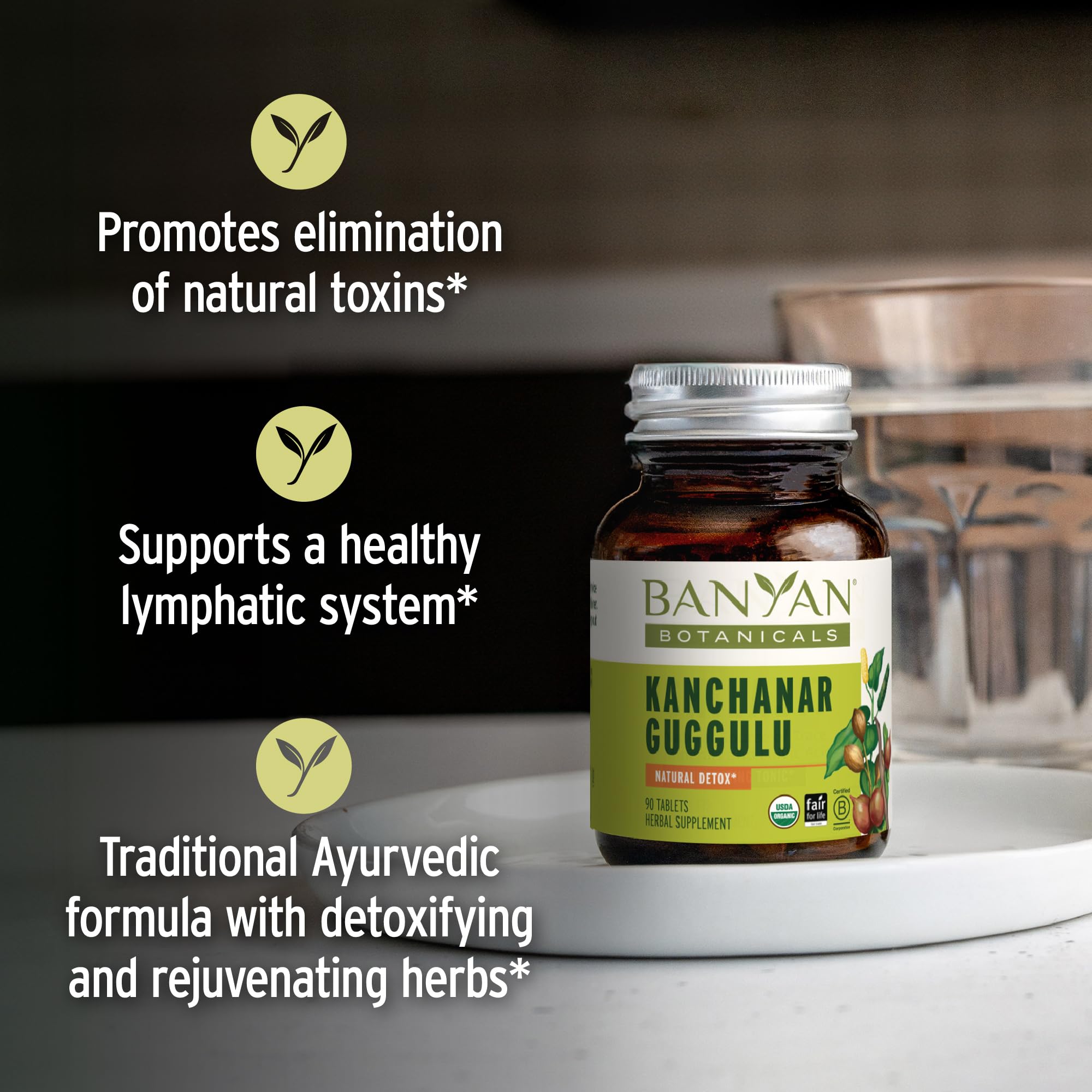 Kanchanar Guggulu ingredients panel highlighting organic herbs and vegan formula
