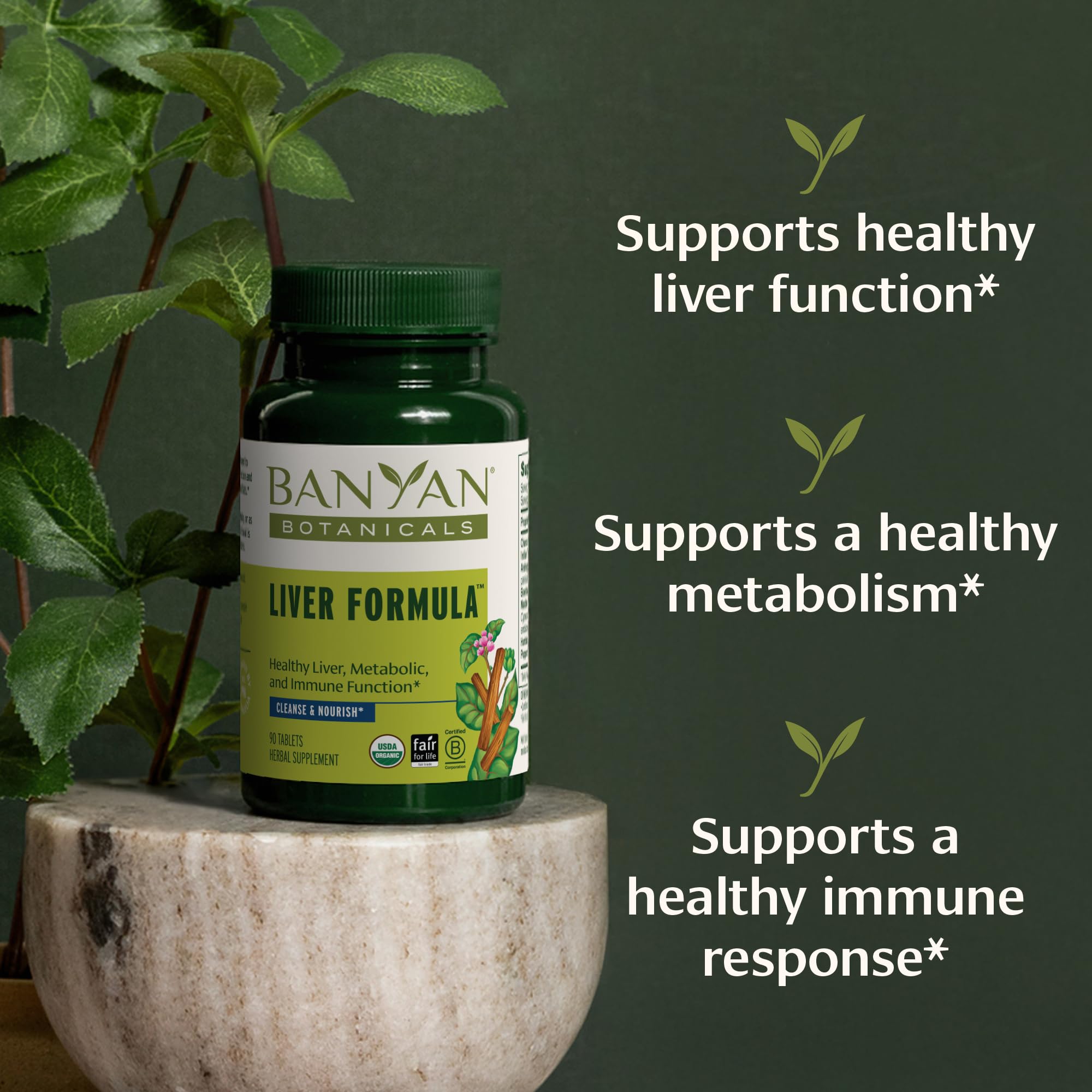 Banyan Botanicals Liver Formula bottle closeup highlights organic blend.