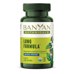 Banyan Botanicals Lung Formula bottle shows organic herbs for respiratory support.
