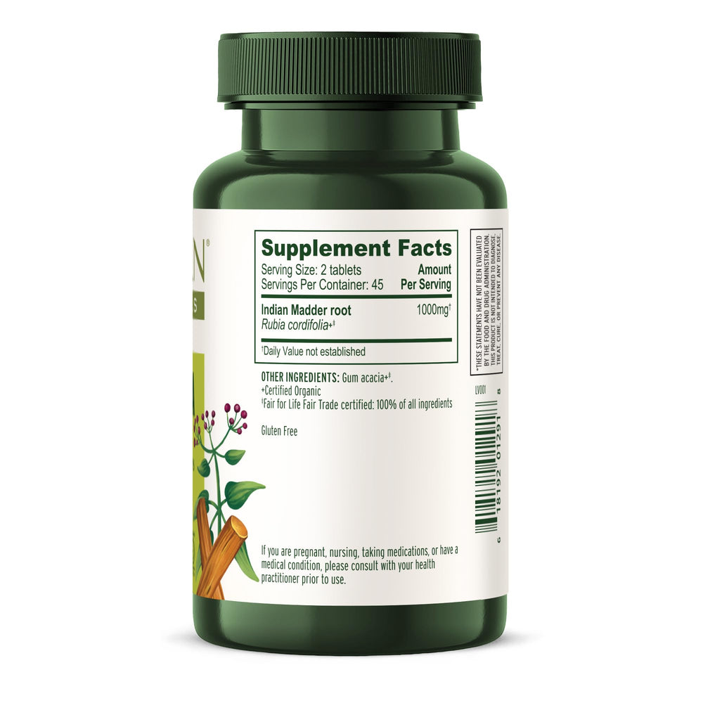 Banyan Botanicals Manjistha tablets bottle close-up highlighting purity and organic ingredients.