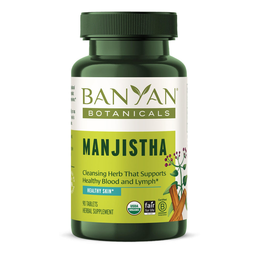 Banyan Botanicals Manjistha tablets front label showing organic skin support potential.