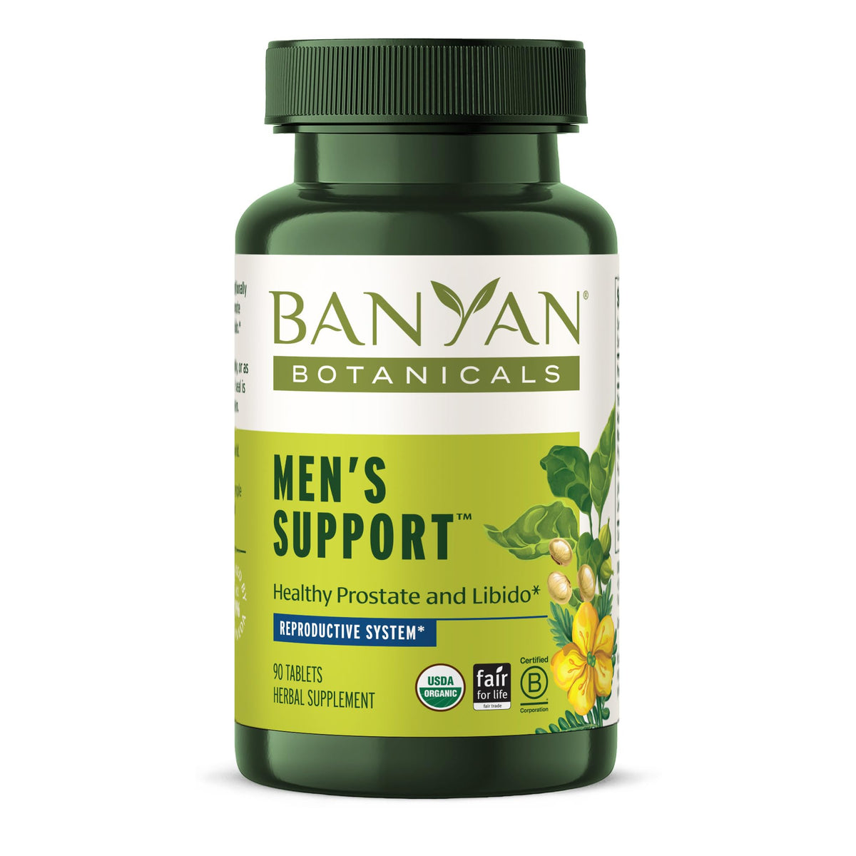 Banyan Botanicals Men’s Support Tablets bottle on a desk for daily wellness routine.