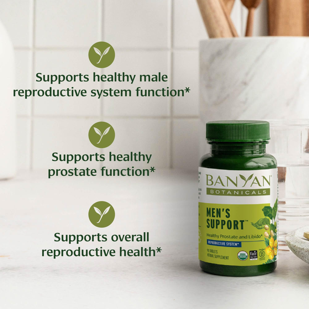 Close-up of the Banyan Botanicals Men’s Support Tablets label highlighting natural ingredients.