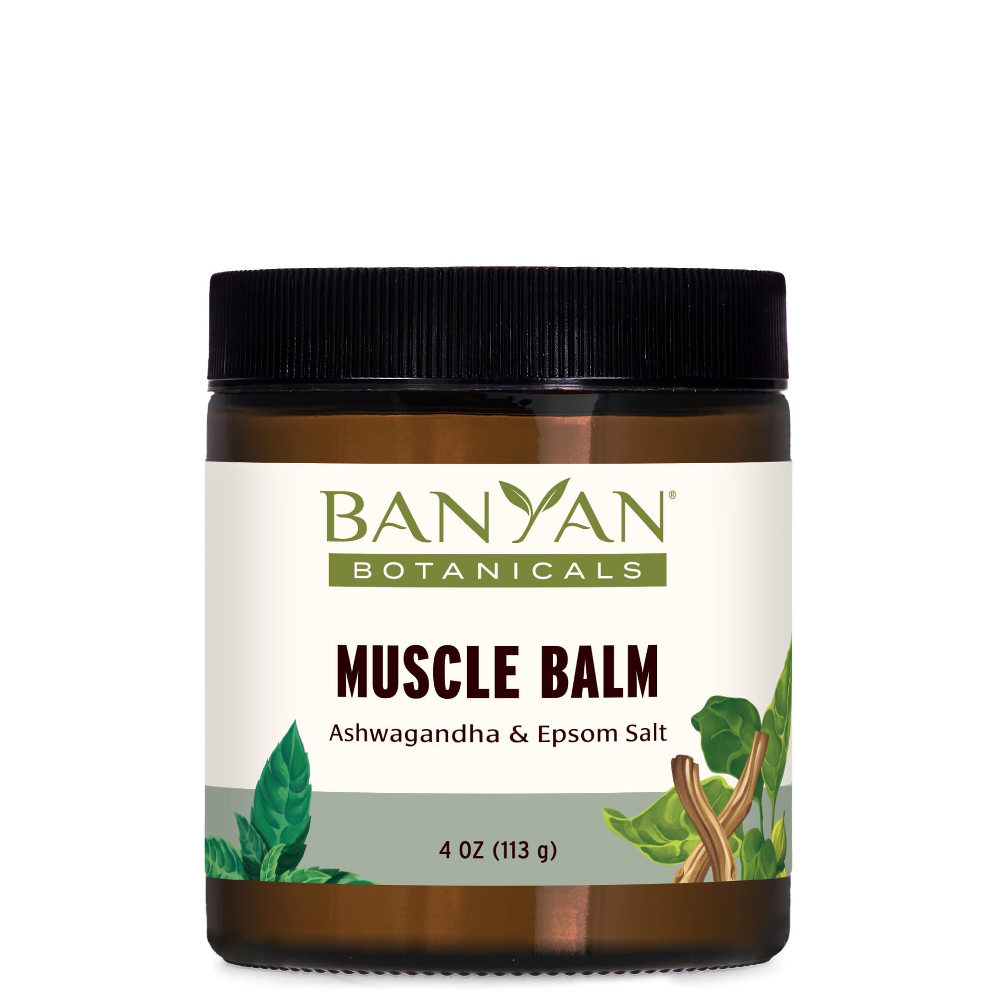 Banyan Botanicals Muscle Balm jar showing organic ingredients for soothing relief