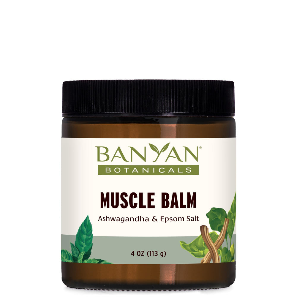 Banyan Botanicals Muscle Balm jar showing organic ingredients for soothing relief