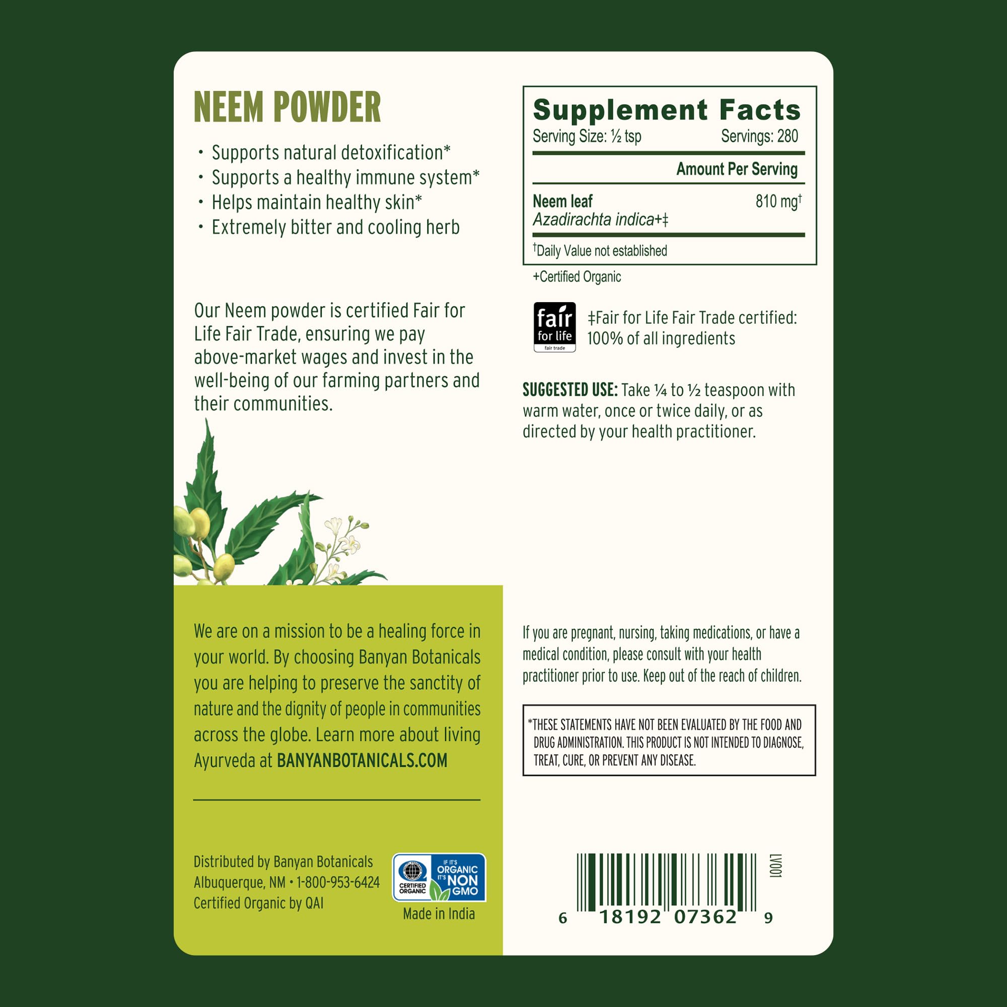 Close-up of fine Banyan Botanicals Neem Powder texture for blends.