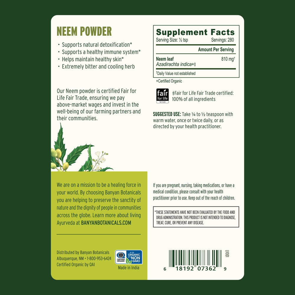 Close-up of fine Banyan Botanicals Neem Powder texture for blends.