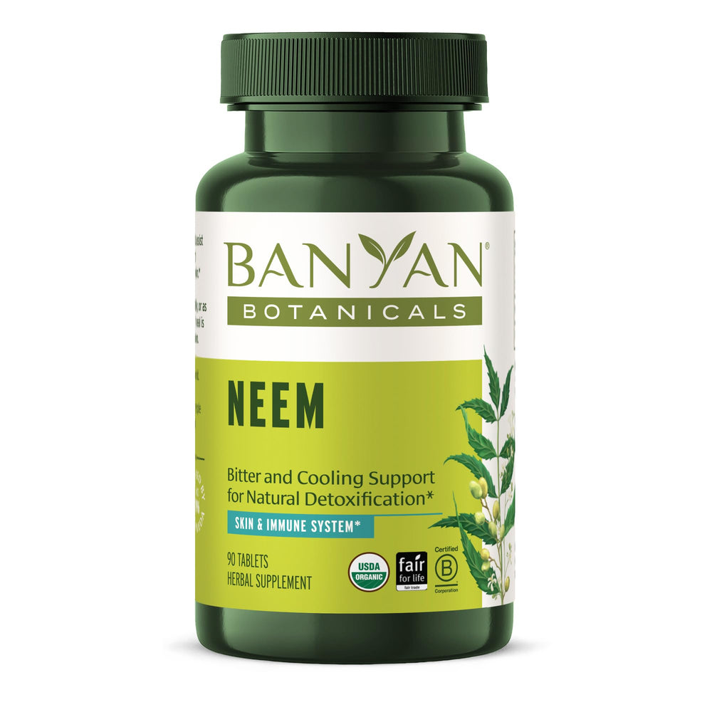 Banyan Botanicals Neem Tablets bottle shows a plant-based daily wellness option.
