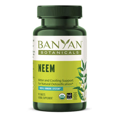 Banyan Botanicals Neem Tablets bottle shows a plant-based daily wellness option.