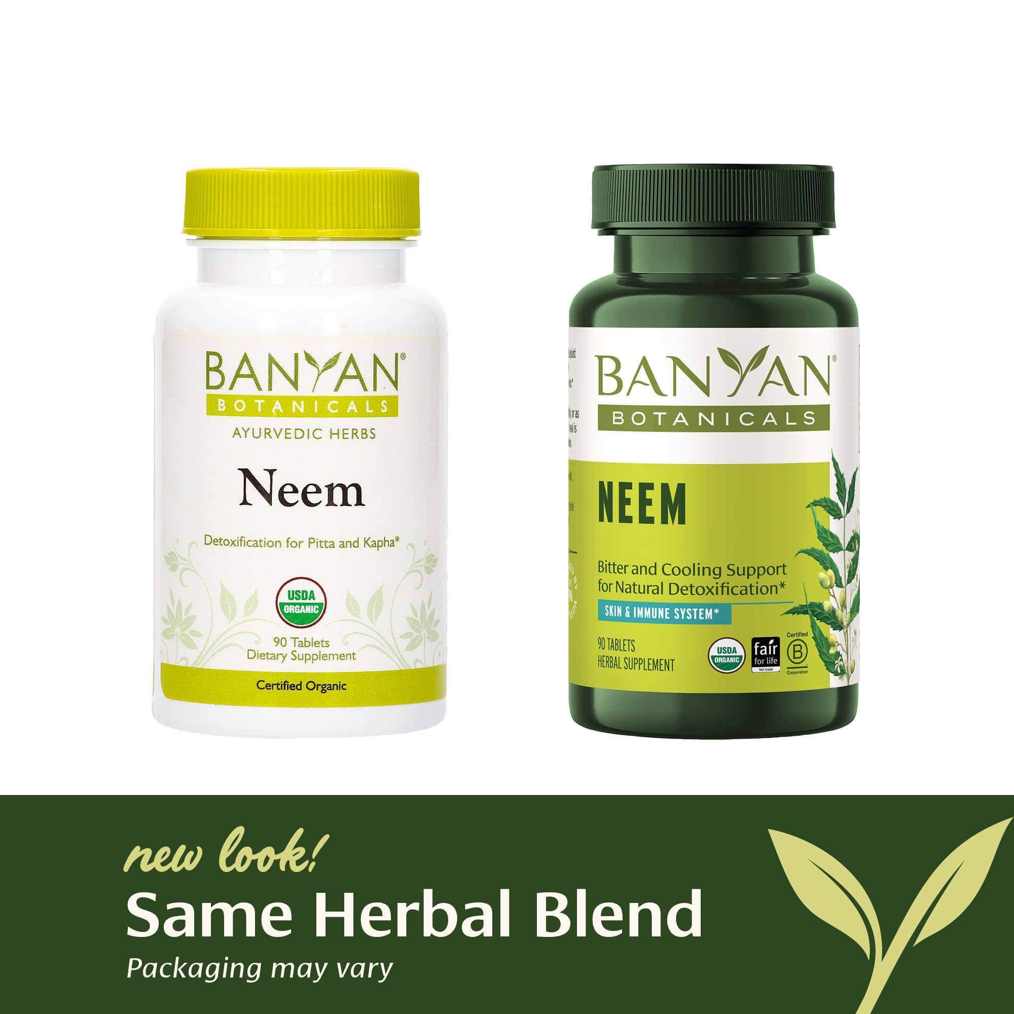 Banyan Botanicals Neem Tablets organic seal highlights USDA organic status.