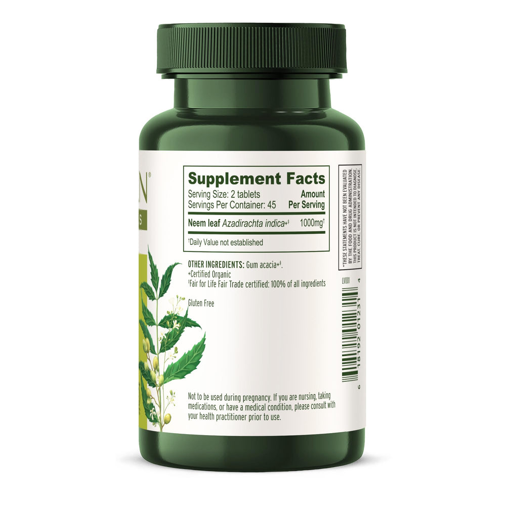 Banyan Botanicals Neem Tablets 3rd-party testing stamp indicates quality assurance.