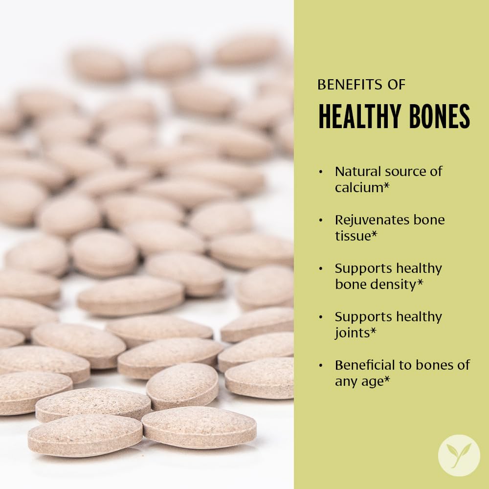 Banyan Botanicals coral calcium tablets highlighting mineral bioavailability for bones.