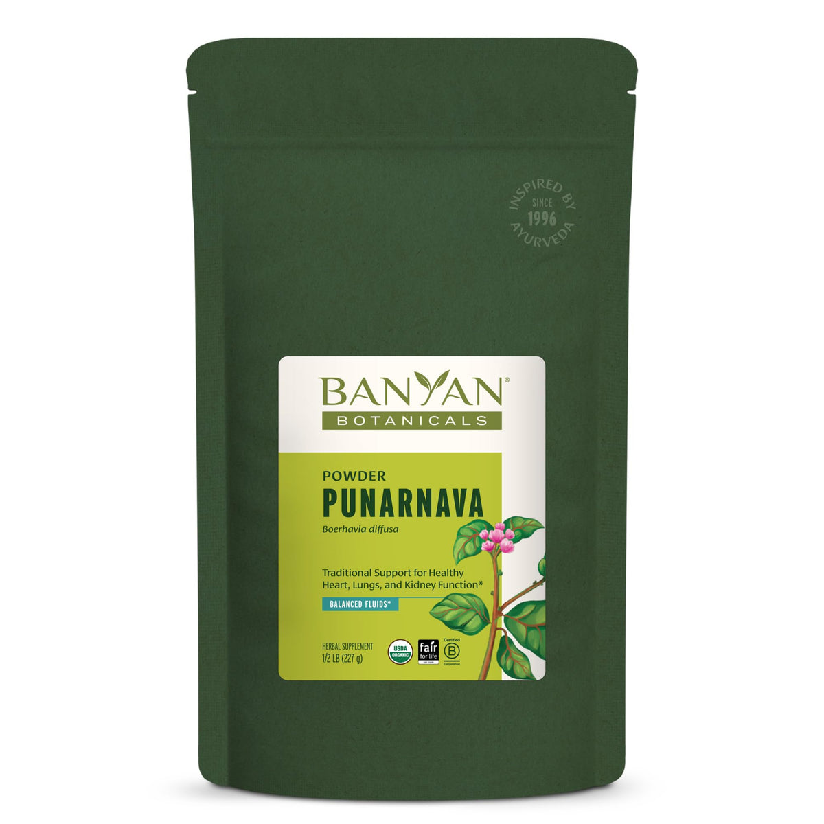 Banyan Botanicals Punarnava powder bottle supports daily wellness with a convenient organic supplement.