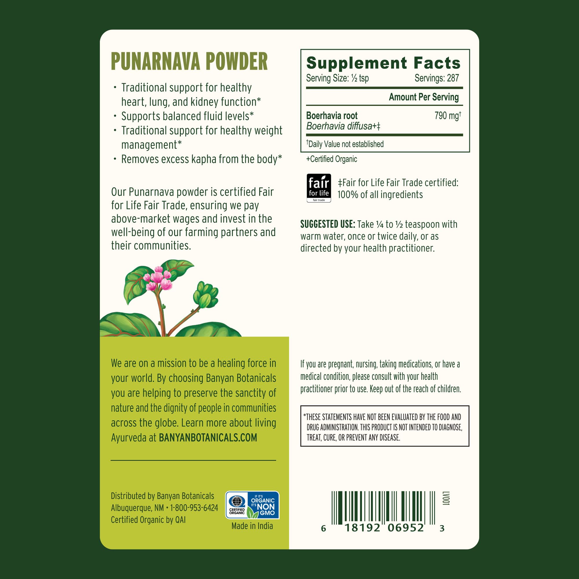 Banyan Botanicals Punarnava powder ingredients panel shows authentic Boerhavia diffusa quality.