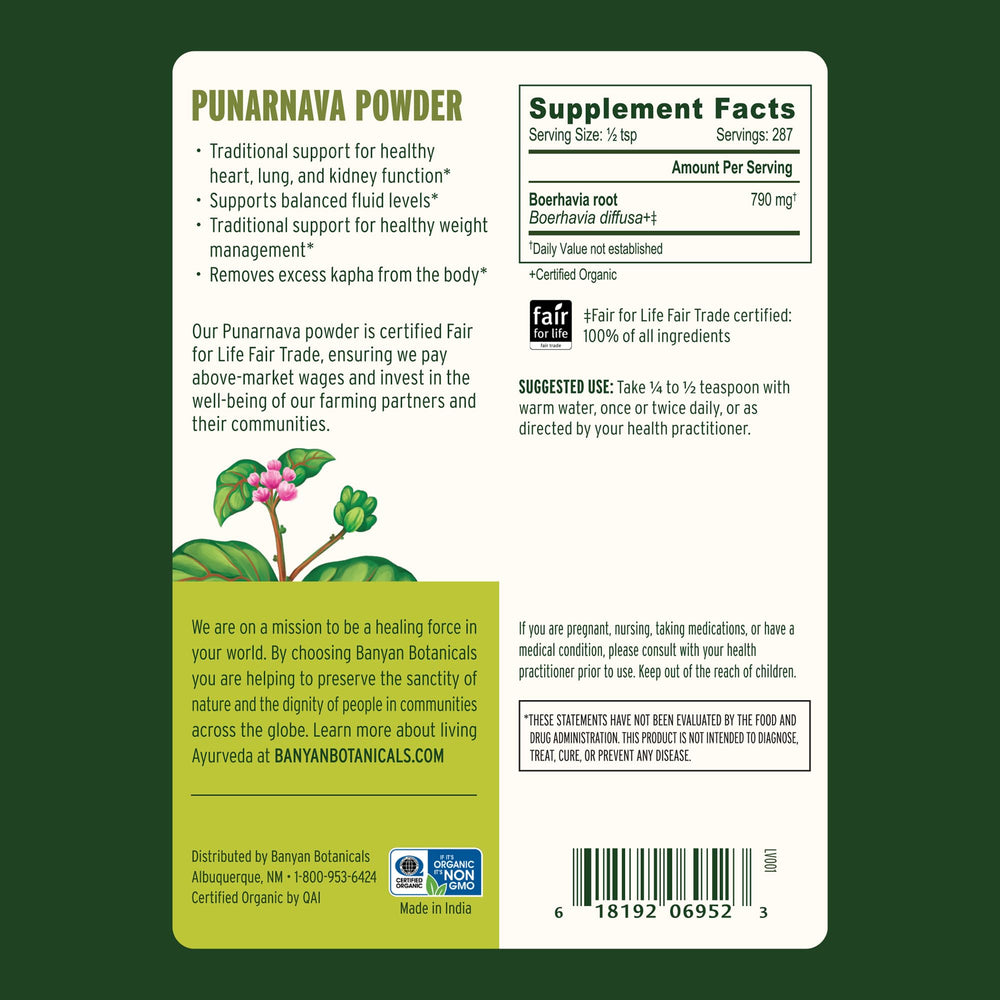 Banyan Botanicals Punarnava powder ingredients panel shows authentic Boerhavia diffusa quality.
