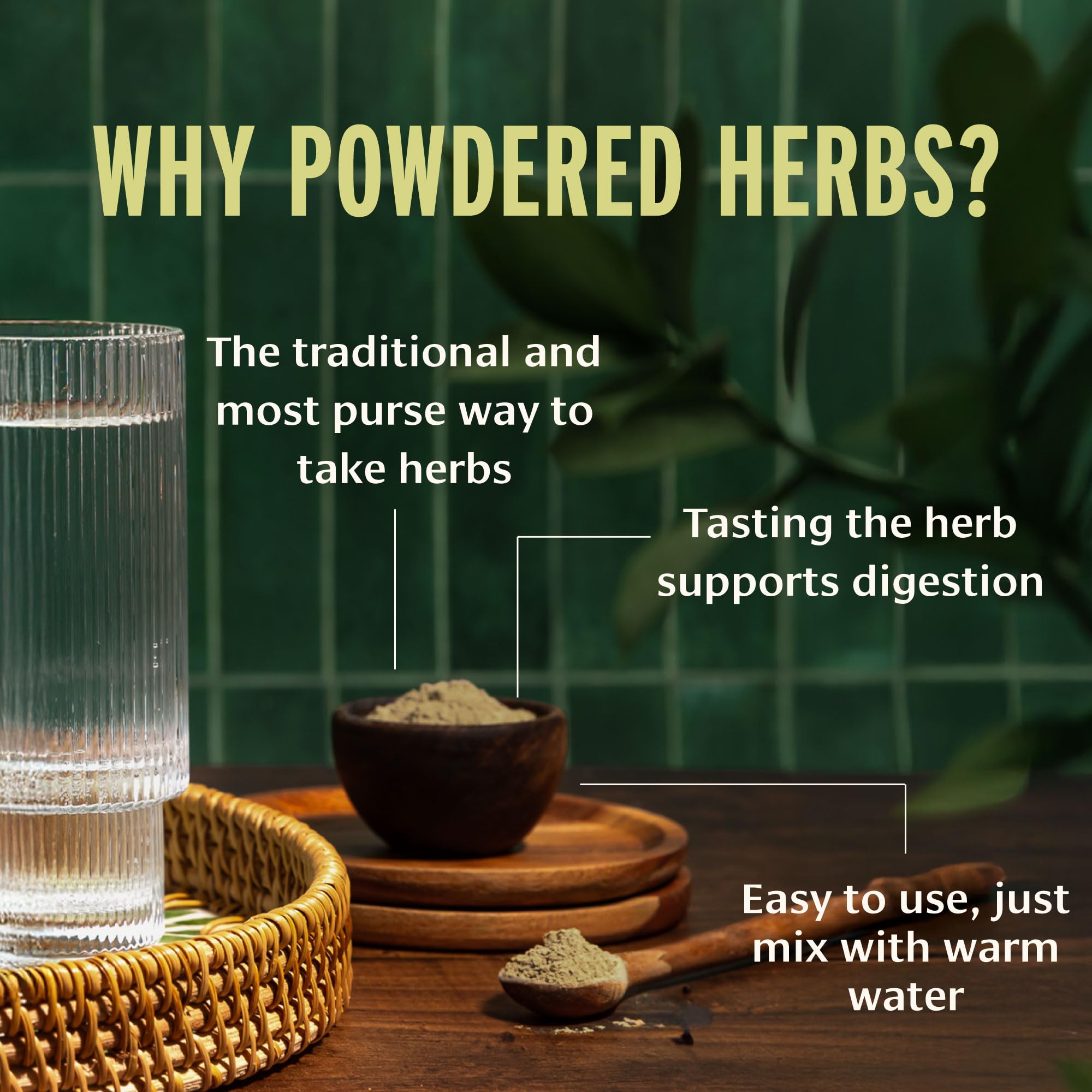 Banyan Botanicals Punarnava powder kitchen scene highlights versatile use in meals and drinks.