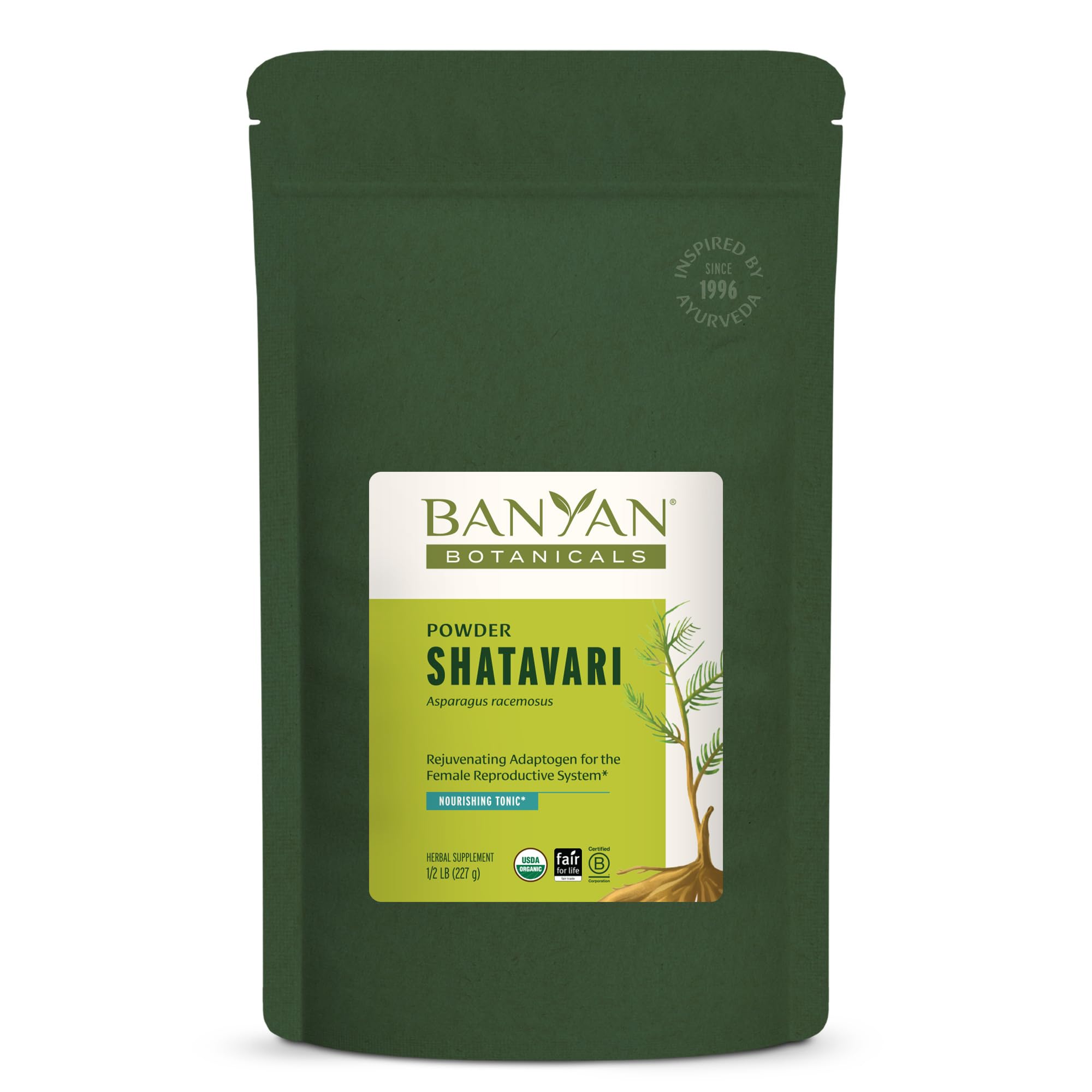 Banyan Botanicals Shatavari powder in a jar boosts daily vitality with a traditional adaptogen.
