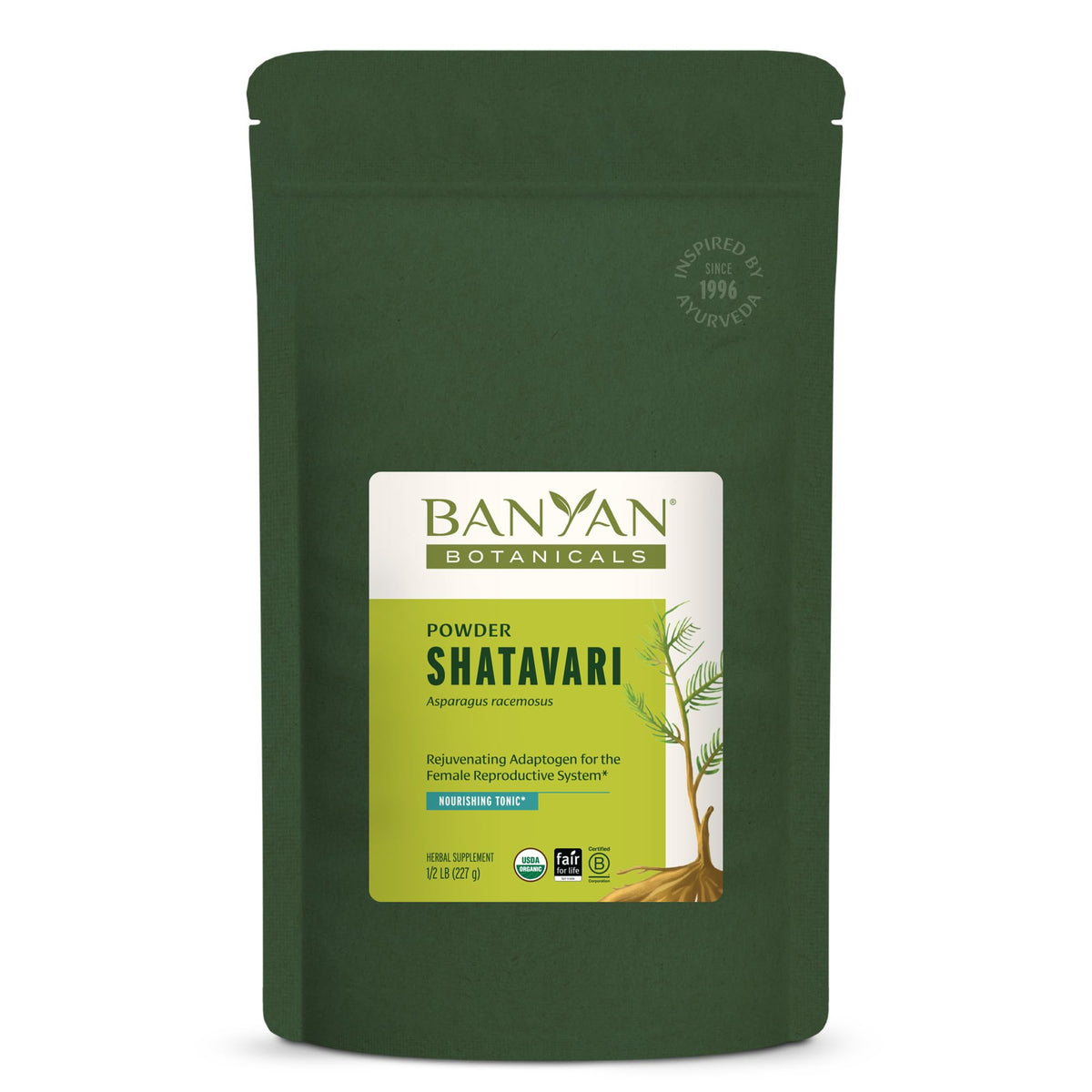 Banyan Botanicals Shatavari powder in a jar boosts daily vitality with a traditional adaptogen.