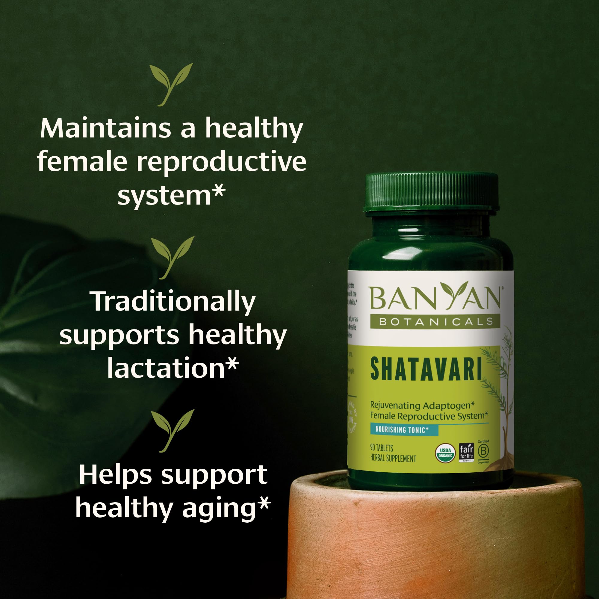 Banyan Botanicals Shatavari Tablets bottle label close-up highlighting non-GMO and sustainability.