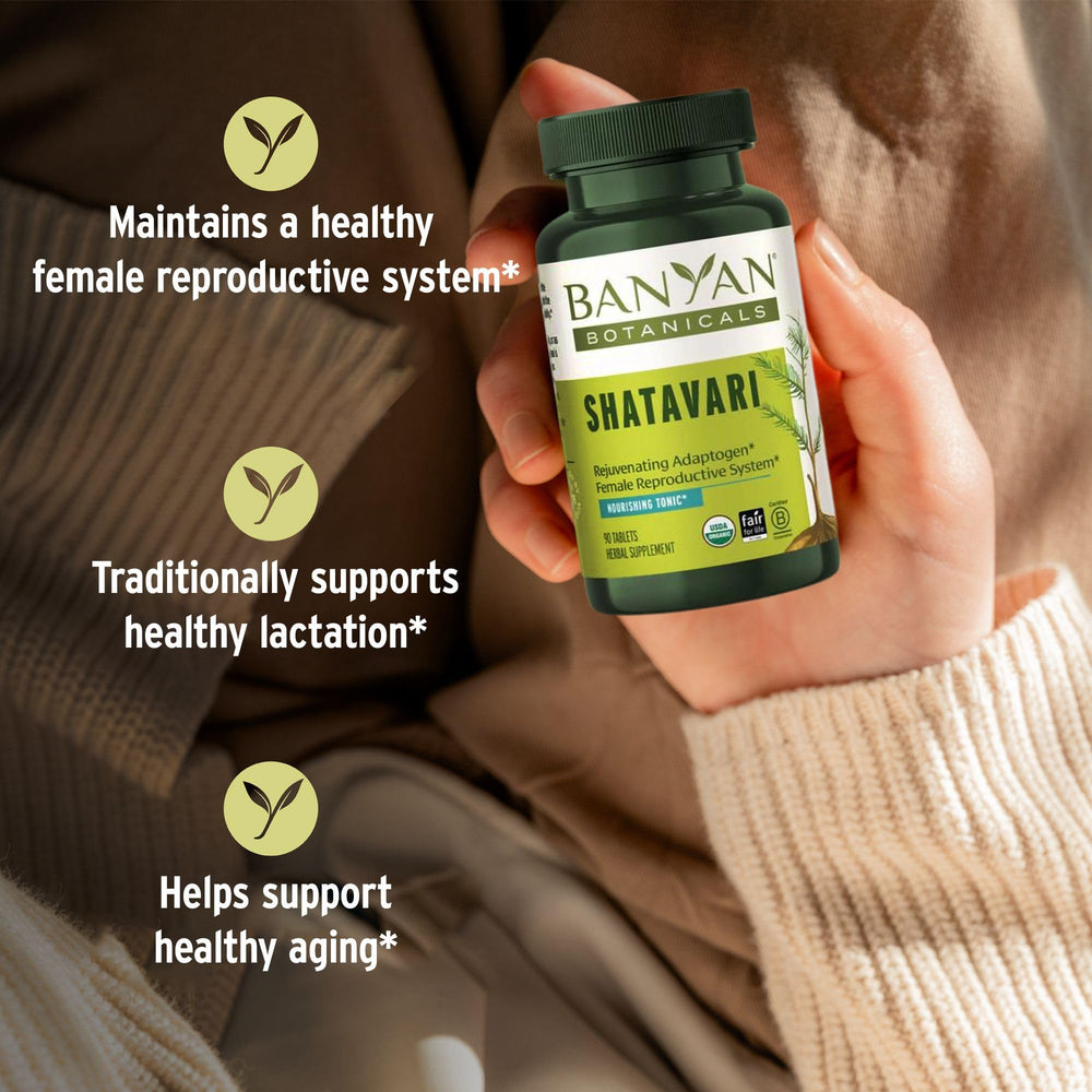 Banyan Botanicals Shatavari Tablets packaging box with earthy branding suggests organic heritage.