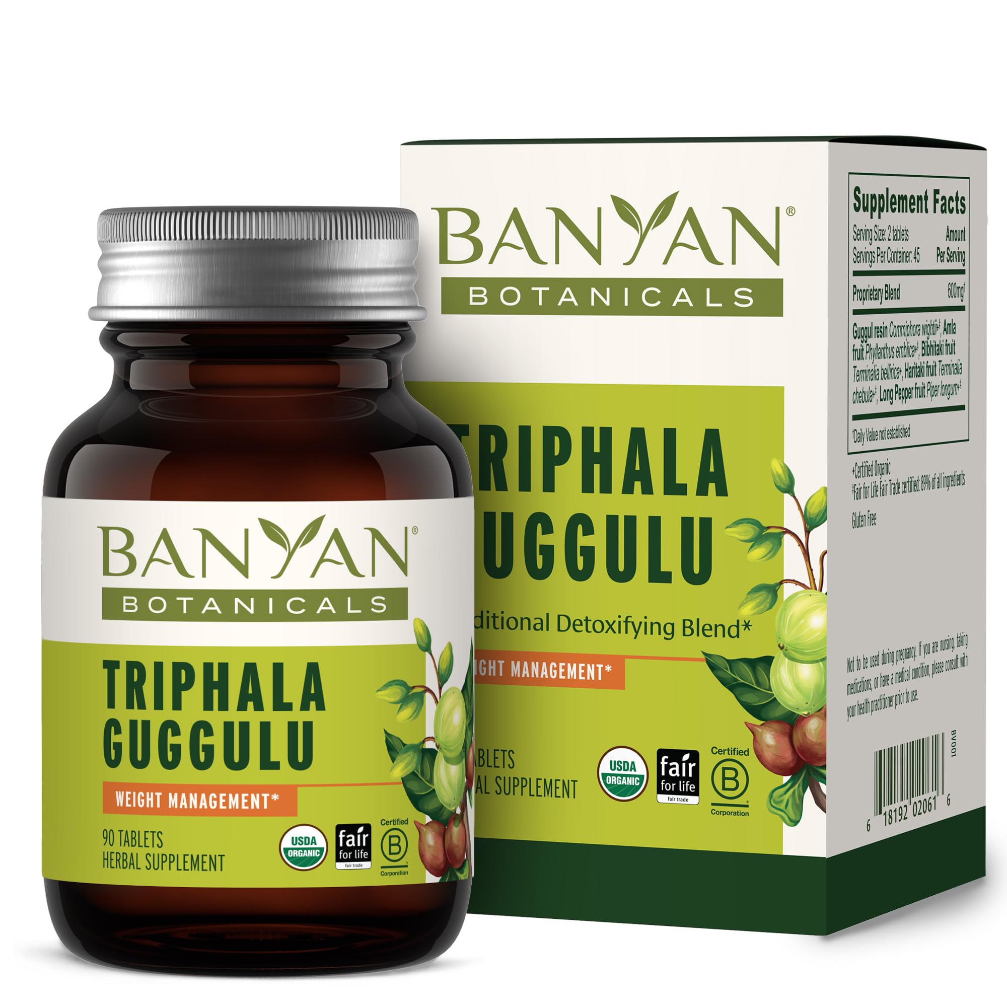 Banyan Botanicals Triphala Guggulu bottle on shelf emphasizing authentic herbal formulation