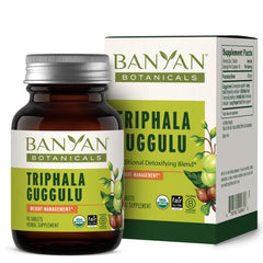 Banyan Botanicals Triphala Guggulu bottle on shelf emphasizing authentic herbal formulation
