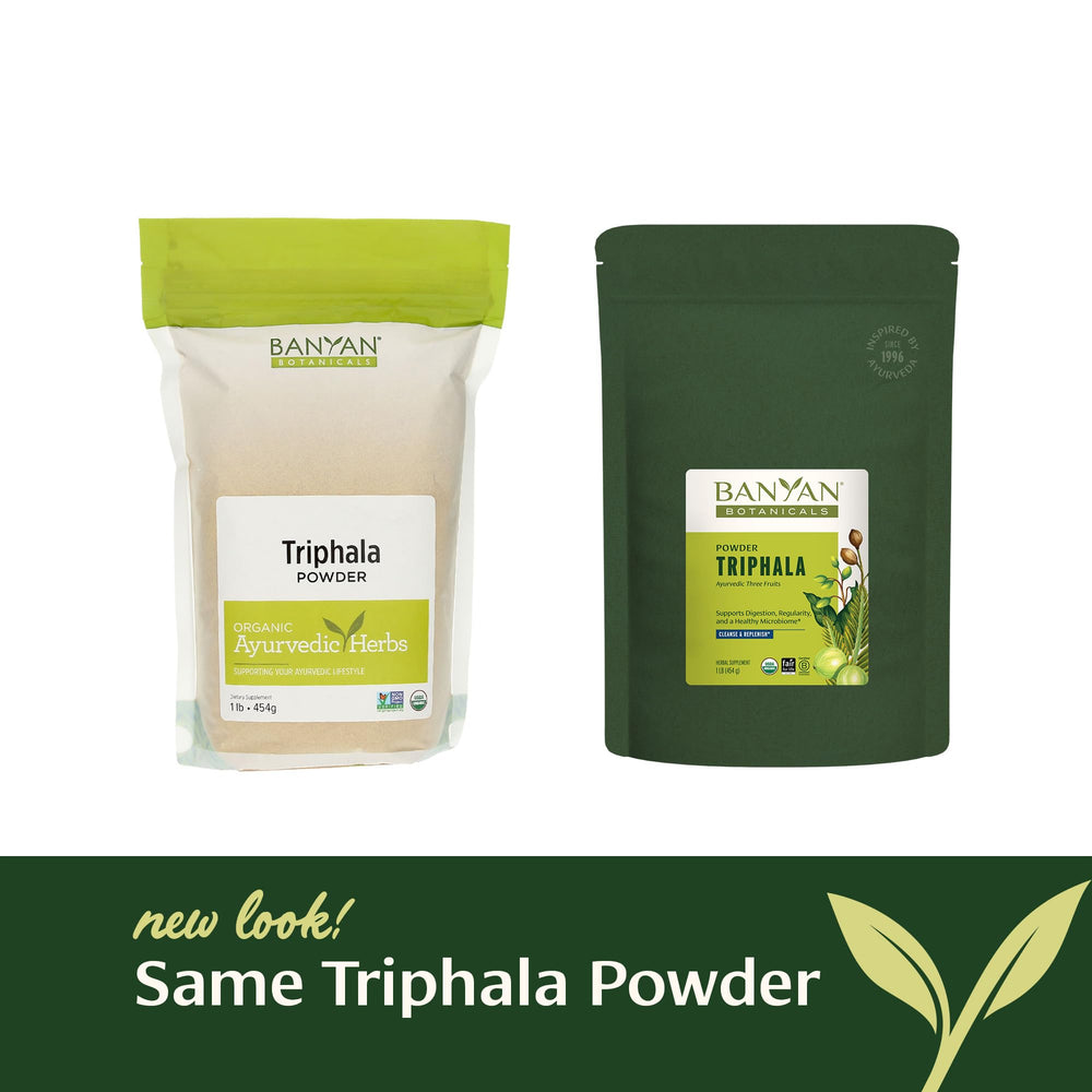Banyan Botanicals Triphala powder ingredients close-up show amla haritaki bibhitaki