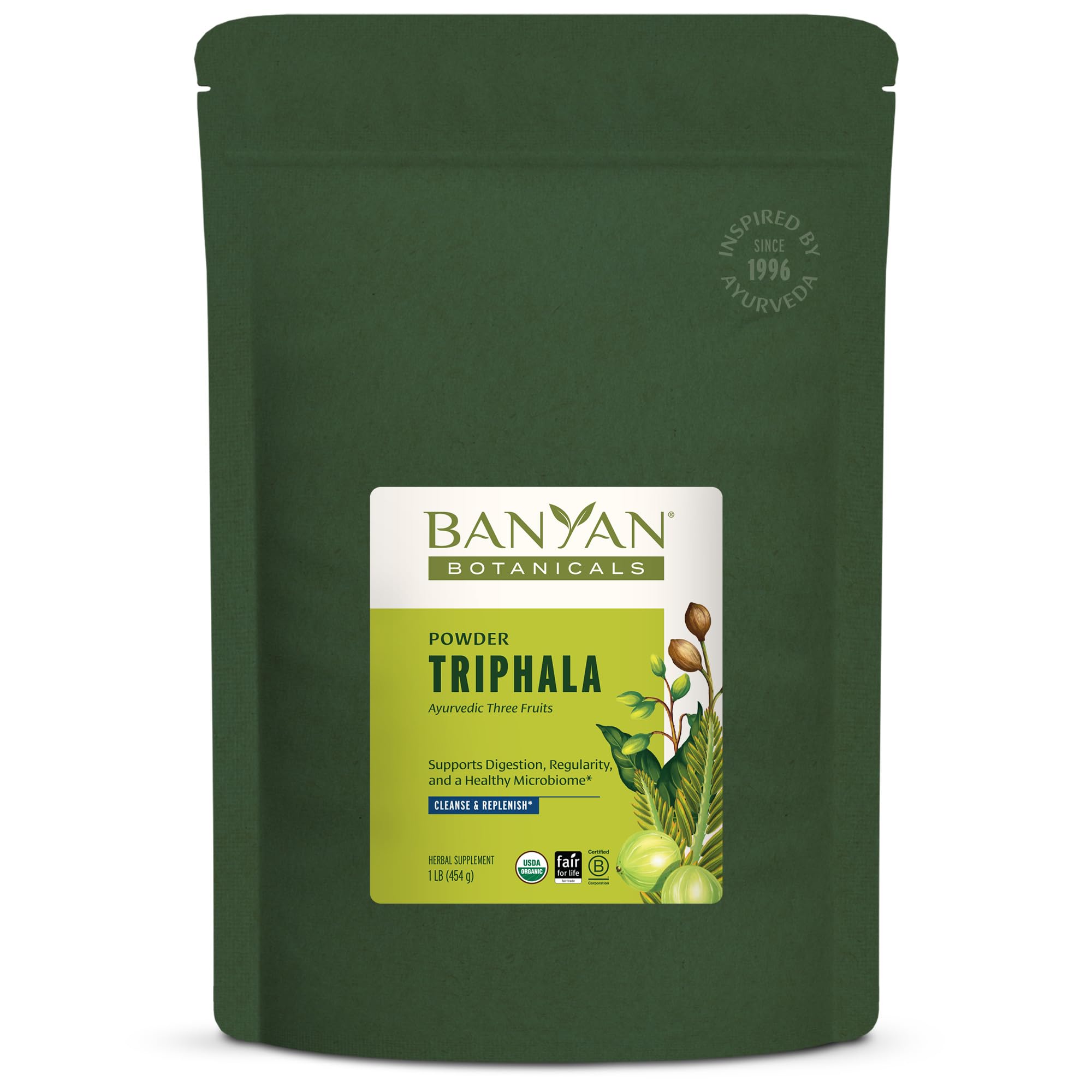 Banyan Botanicals Triphala powder bottle front for digestion support