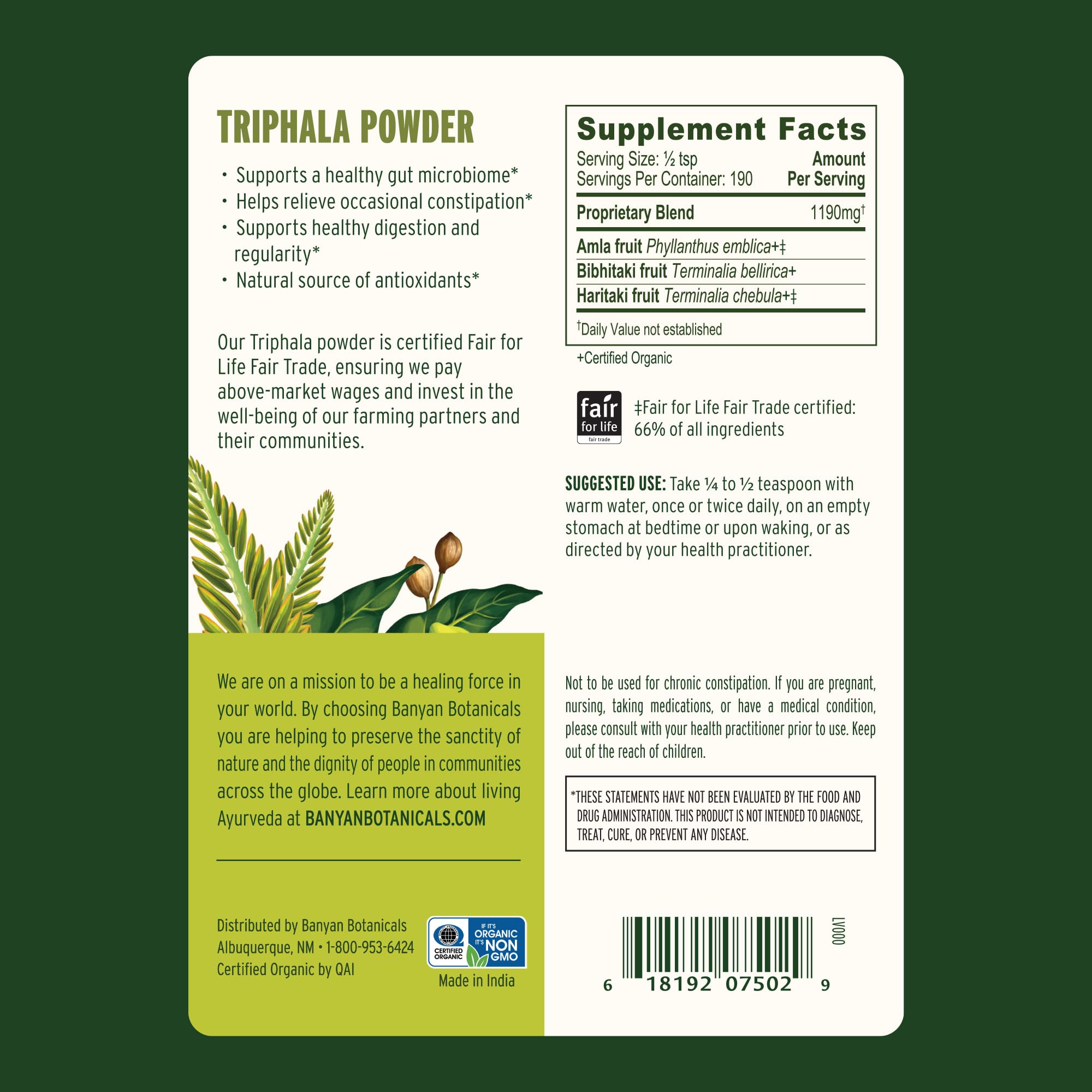 Banyan Botanicals Triphala powder label communicates sustainable sourcing and vegan product