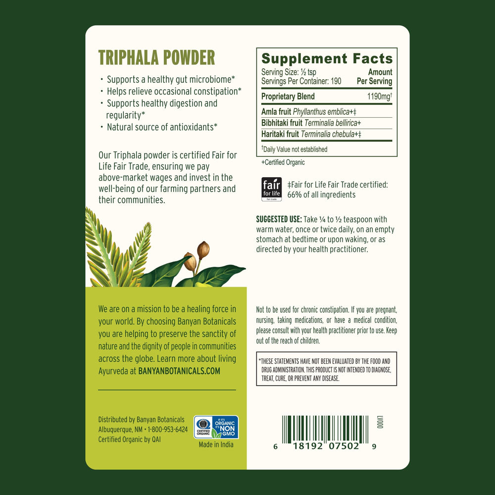Banyan Botanicals Triphala powder label communicates sustainable sourcing and vegan product