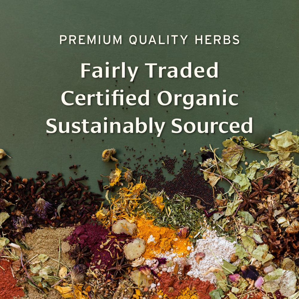 Label on Triphala powder bottle noting organic certification and fair trade sourcing