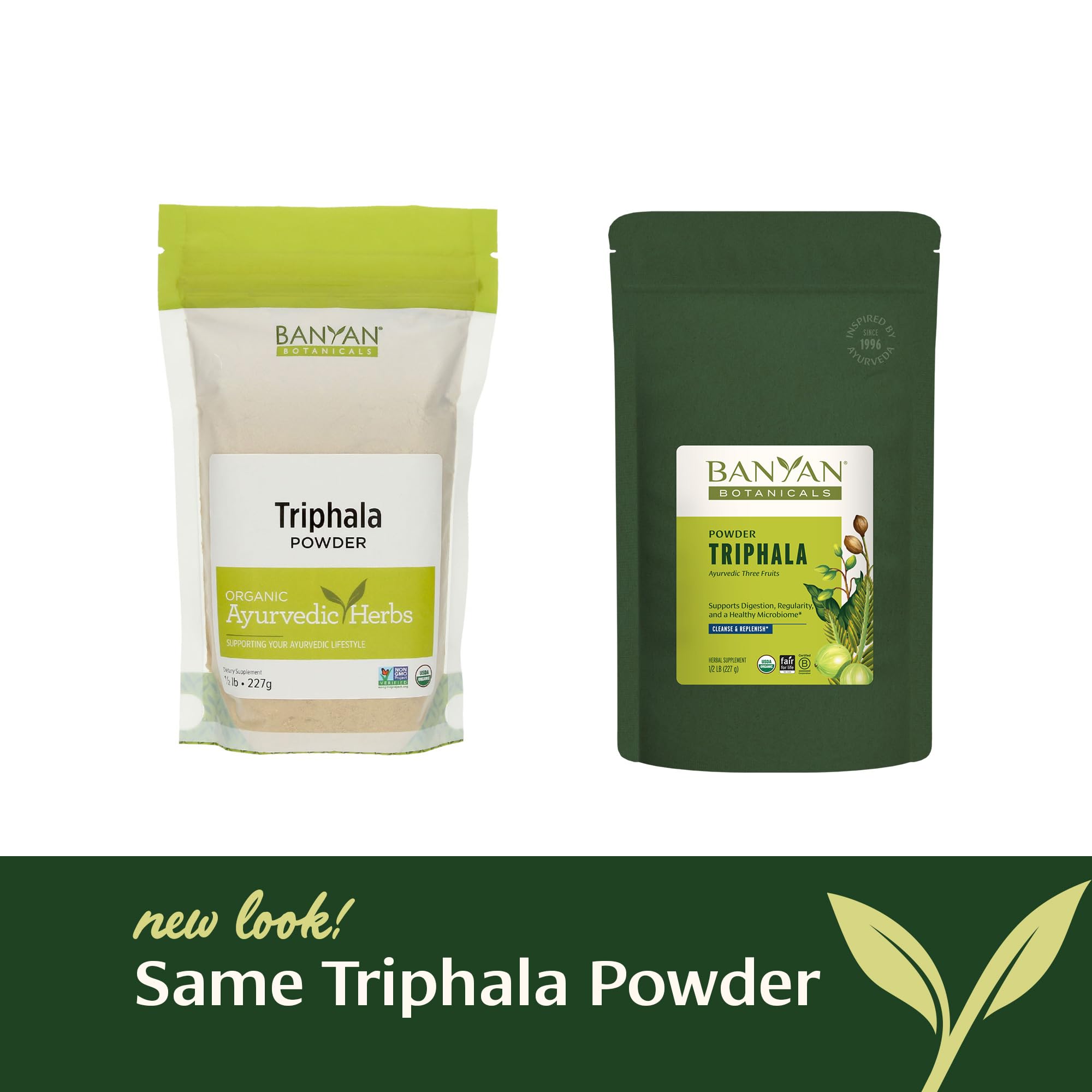 Banyan Botanicals Triphala powder close-up reveals fine texture and premium quality