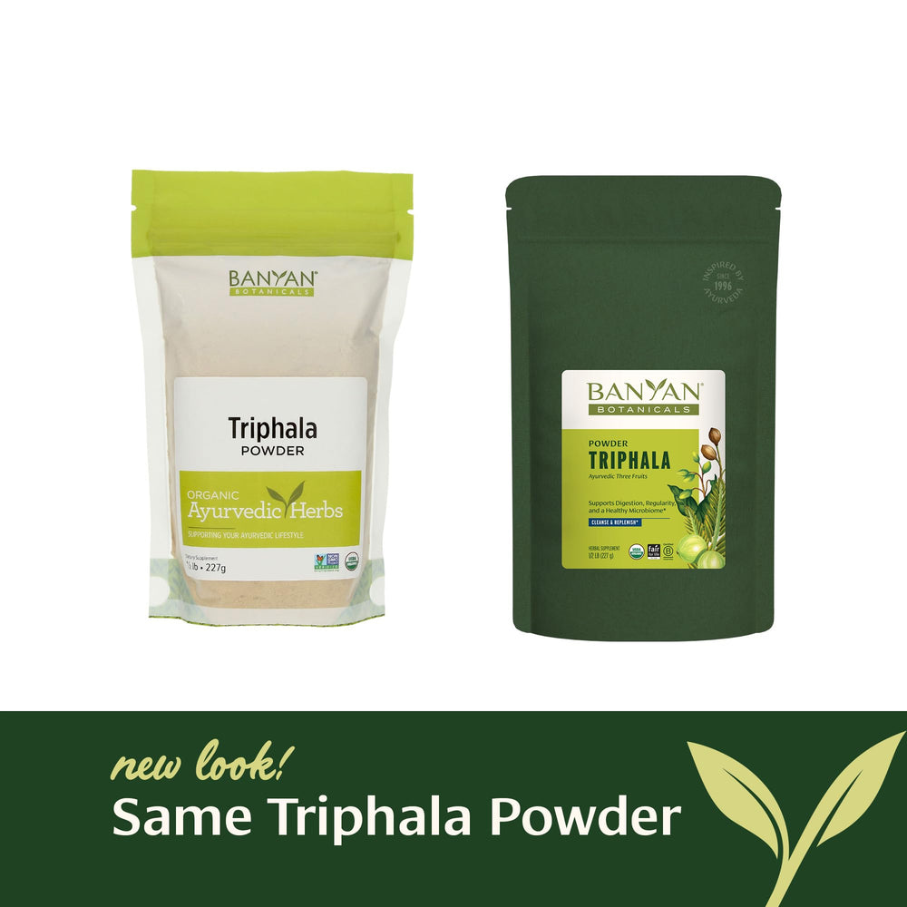 Banyan Botanicals Triphala powder close-up reveals fine texture and premium quality