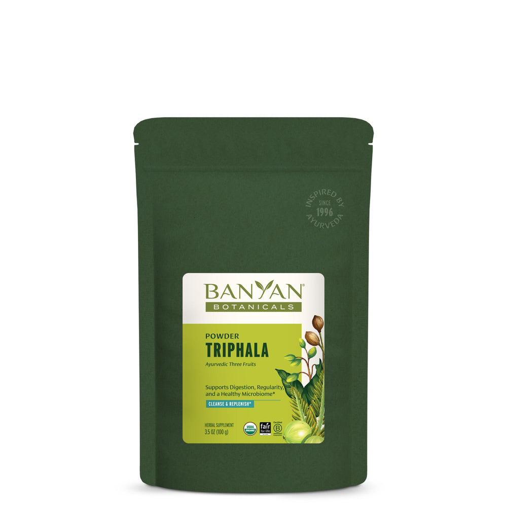 Banyan Botanicals Triphala powder packaging highlighting organic quality for daily digestion support