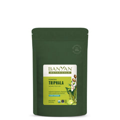 Banyan Botanicals Triphala powder packaging highlighting organic quality for daily digestion support