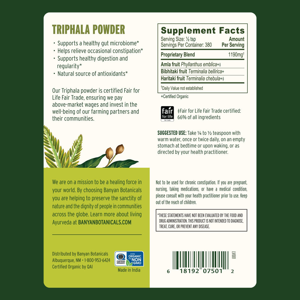 Banyan Botanicals Triphala powder sustainable sourcing seal on packaging
