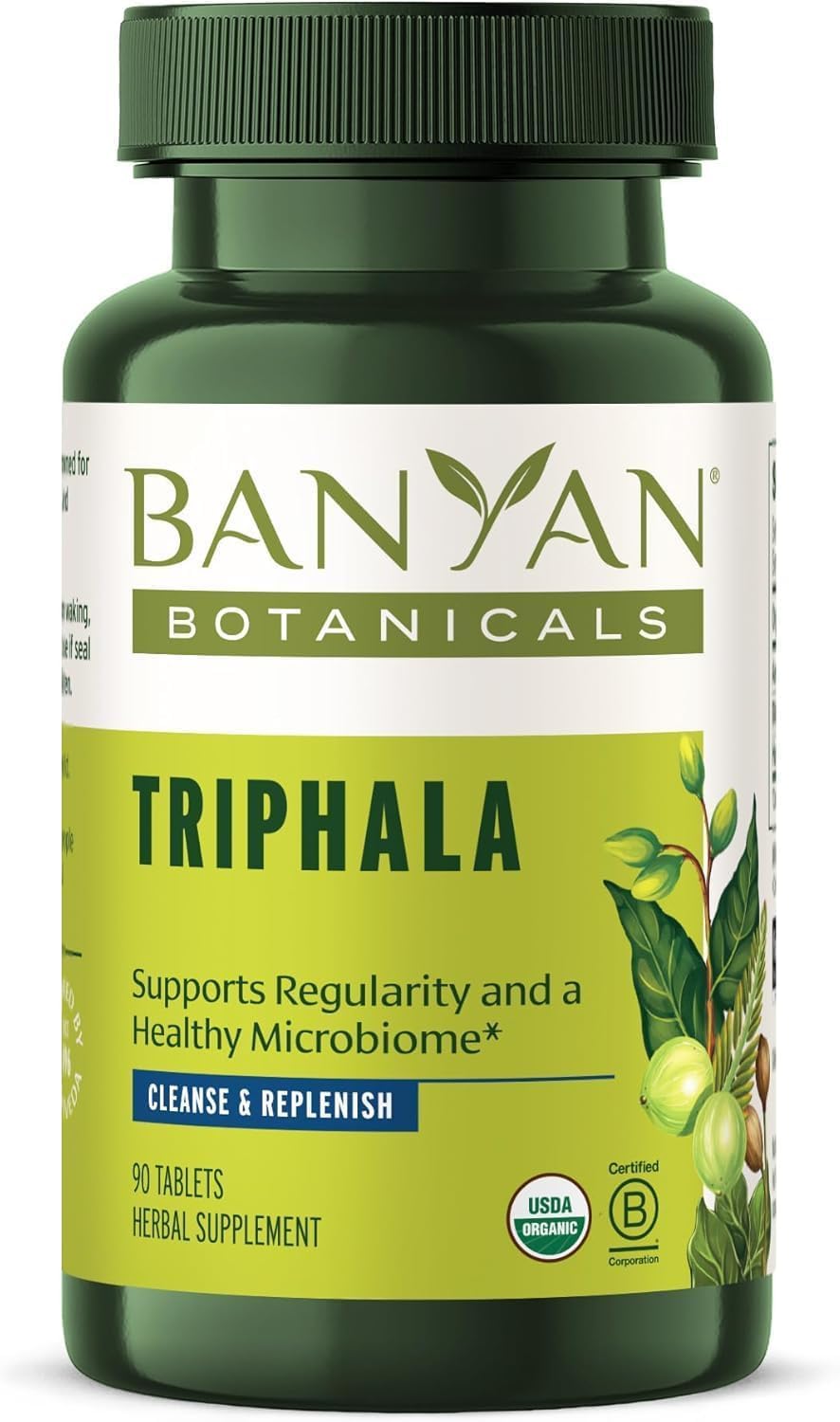 Banyan Botanicals Triphala Tablets bottle—premium daily support for digestion and regularity.