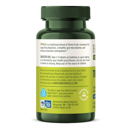Banyan Botanicals Triphala tablets label with vegan symbol—vegan, non-GMO daily supplement.