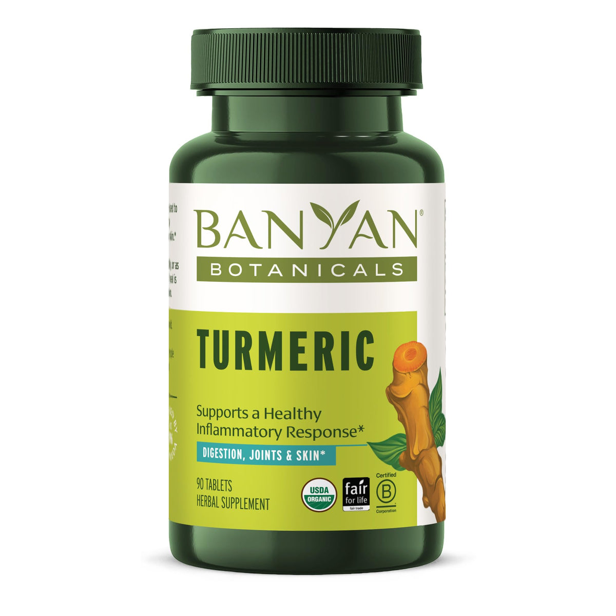 Banyan Botanicals turmeric tablets bottle front for daily joint support and skin health.