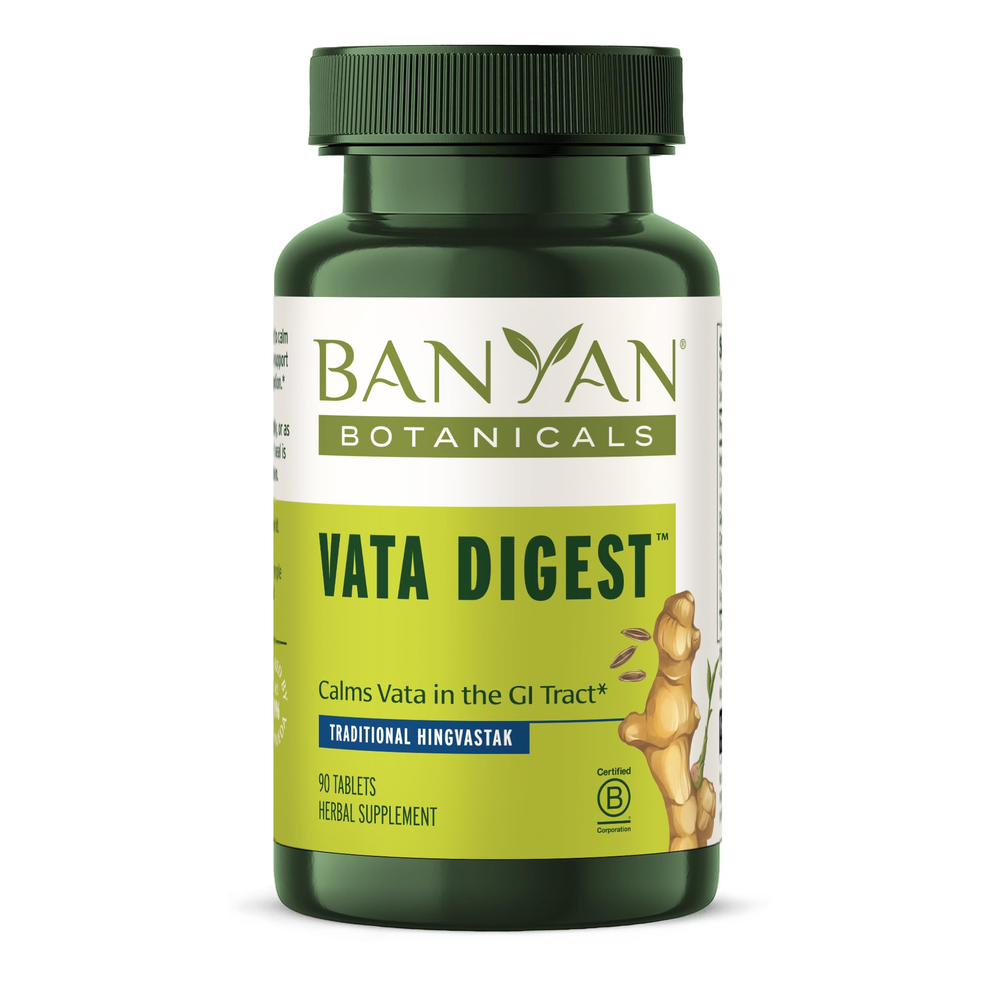 Banyan Botanicals Vata Digest bottle front showing organic ingredients for digestion comfort