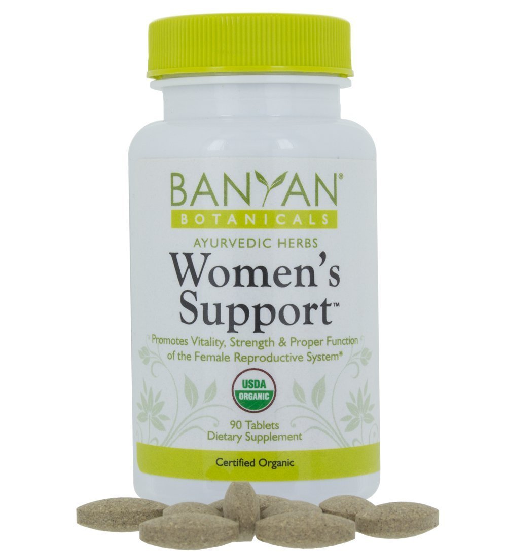 Banyan Botanicals Womens Support tablet bottle for balanced menses and reproductive wellness.