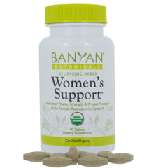 Banyan Botanicals Womens Support tablet bottle for balanced menses and reproductive wellness.