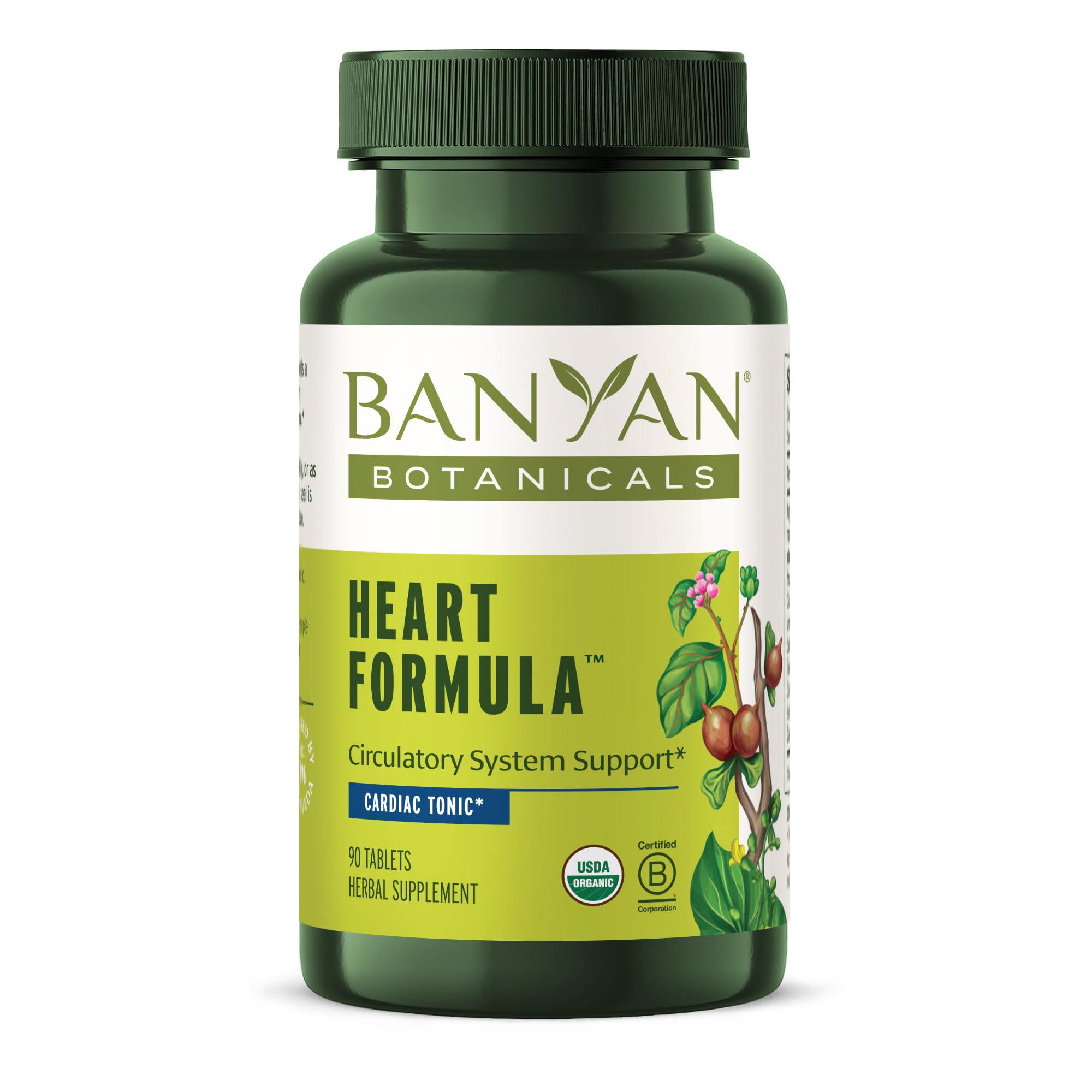 Banyan Heart Formula bottle front showcases organic herbs for heart support.