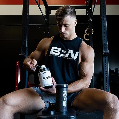 Bare Flight shaker cup with label suggests convenient pre-workout use on busy days.