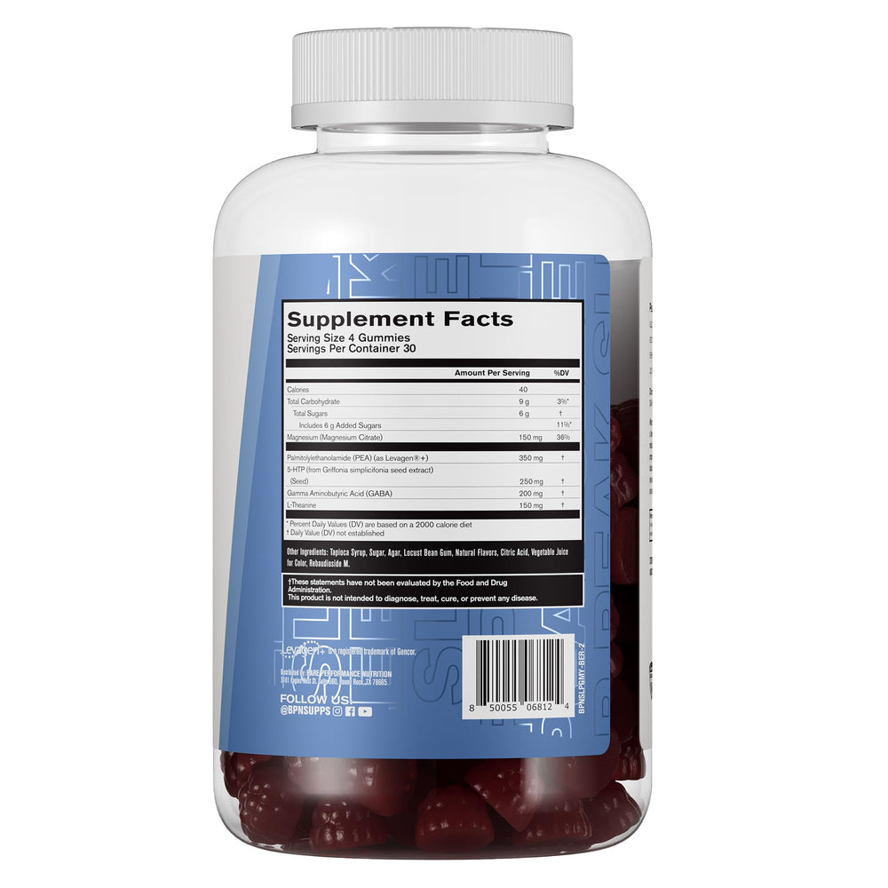 BARE PERFORMANCE NUTRITION BPN Peak Sleep Gummy serving scoop and gummies displayed
