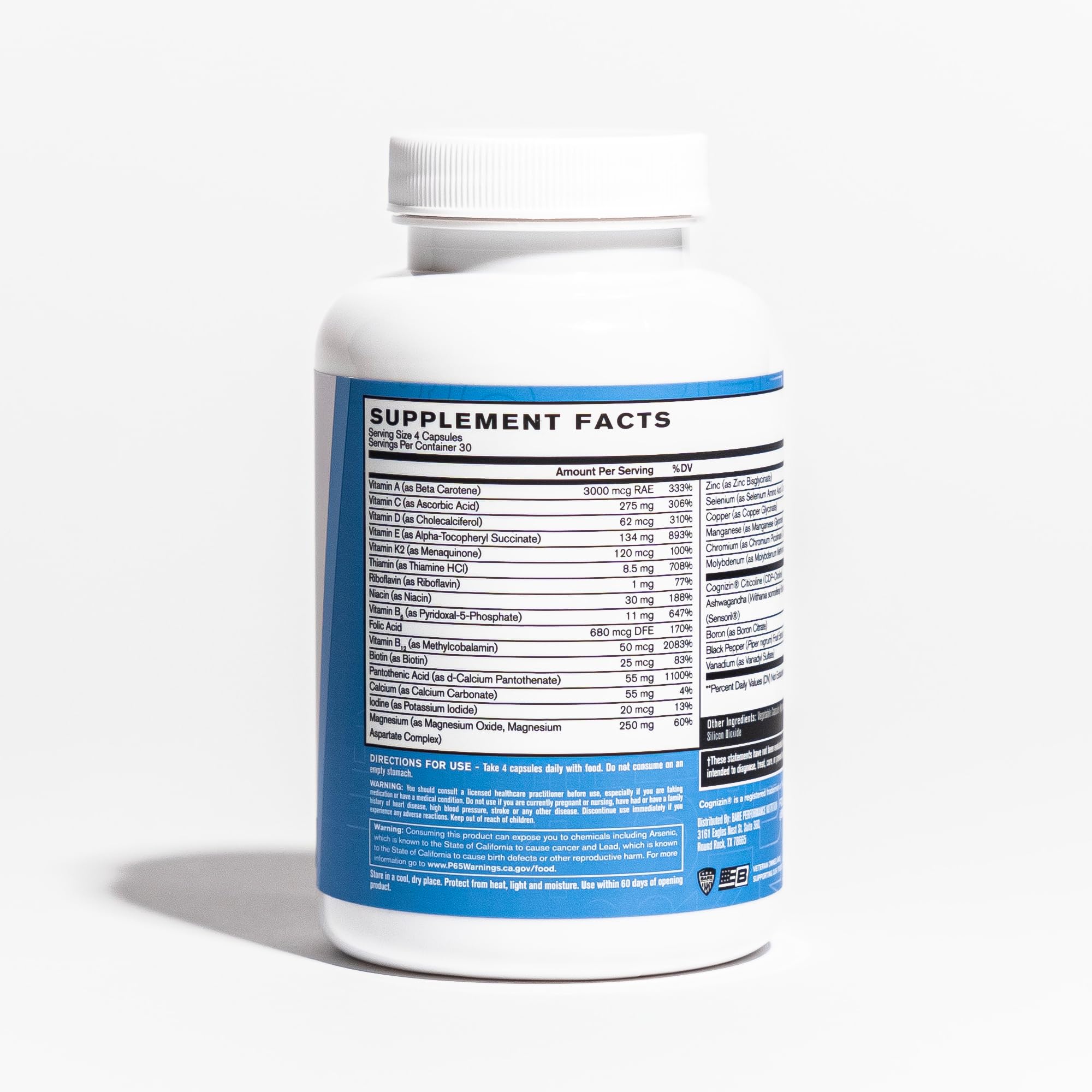 BARE PERFORMANCE NUTRITION label details highlight vitamins and adaptogens