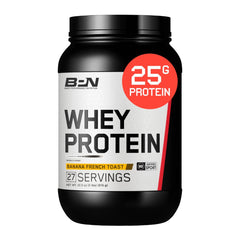 BARE PERFORMANCE NUTRITION BPN Whey Banana French Toast tub highlighting protein blend for recovery