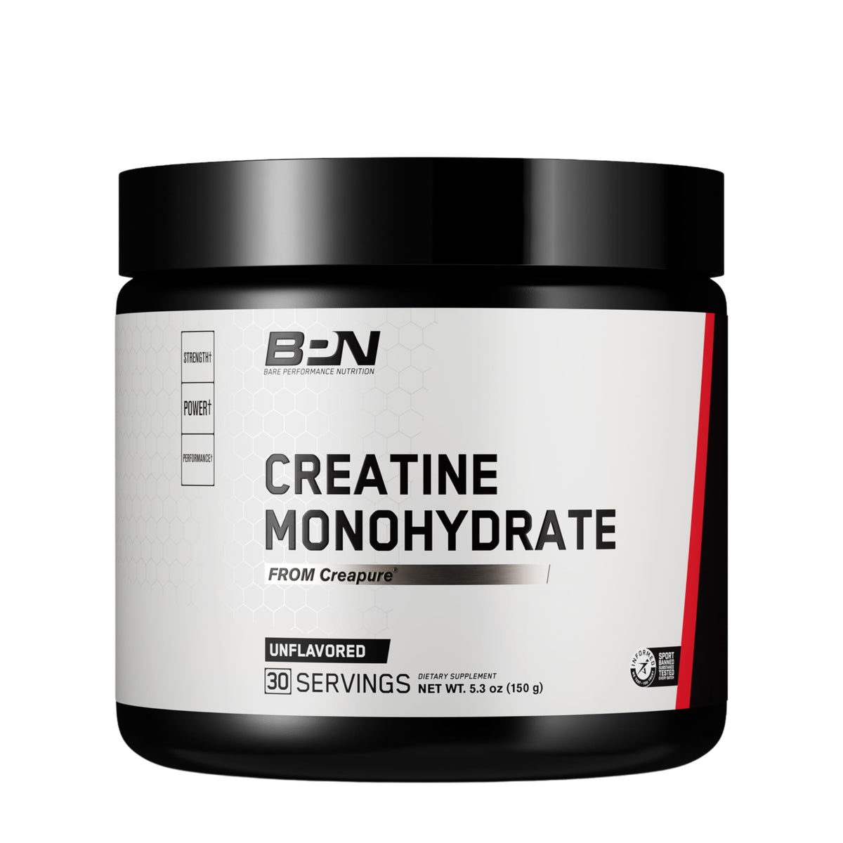 BARE PERFORMANCE NUTRITION creatine monohydrate powder front label bottle boosts strength.